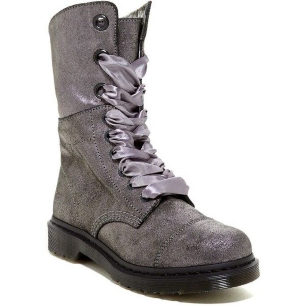 Dr. Martens Gray Satin-Lace Combat Boots - Picture 2 of 10